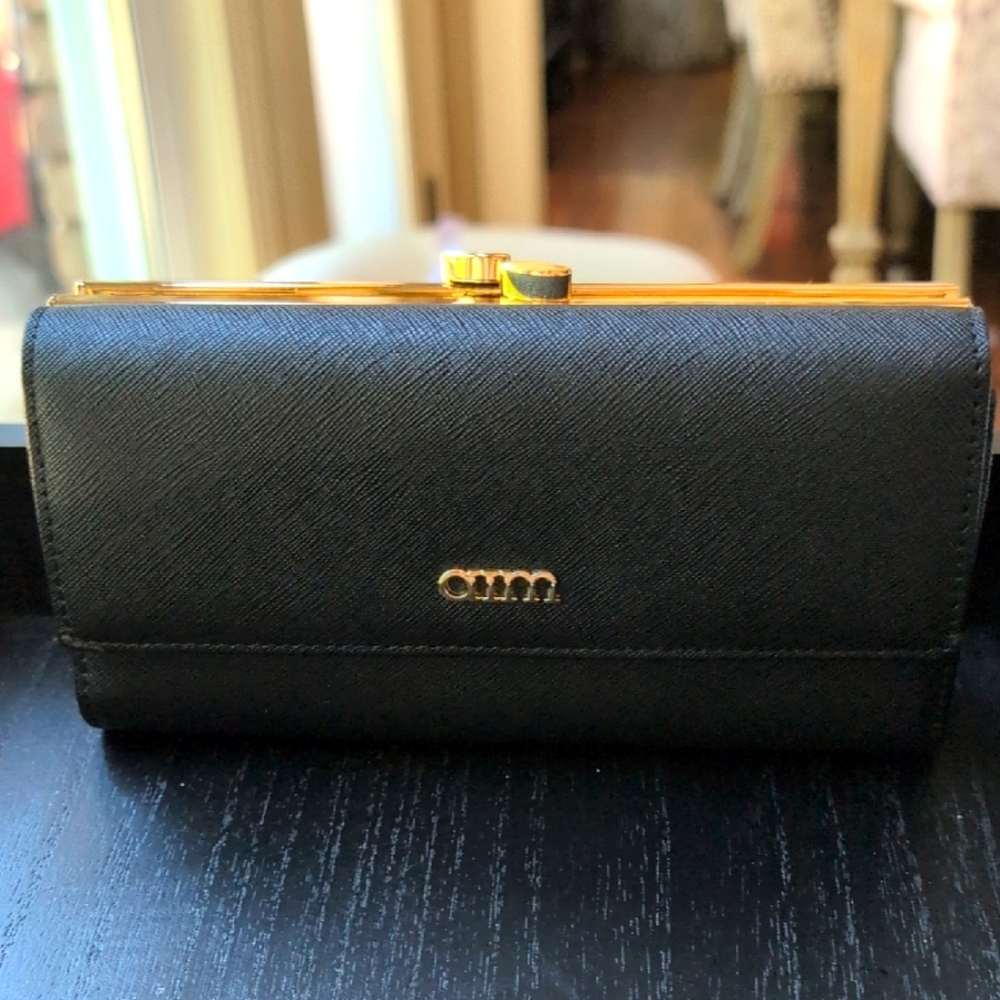 Black Leather Wallet W Gold Accents Stamped aim 7x4" Never Used